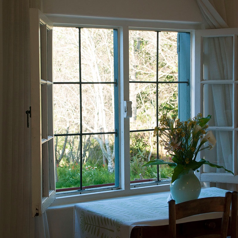 window view inside Birch Cottage overlooking the indigenous garden at Wildekrans Country House