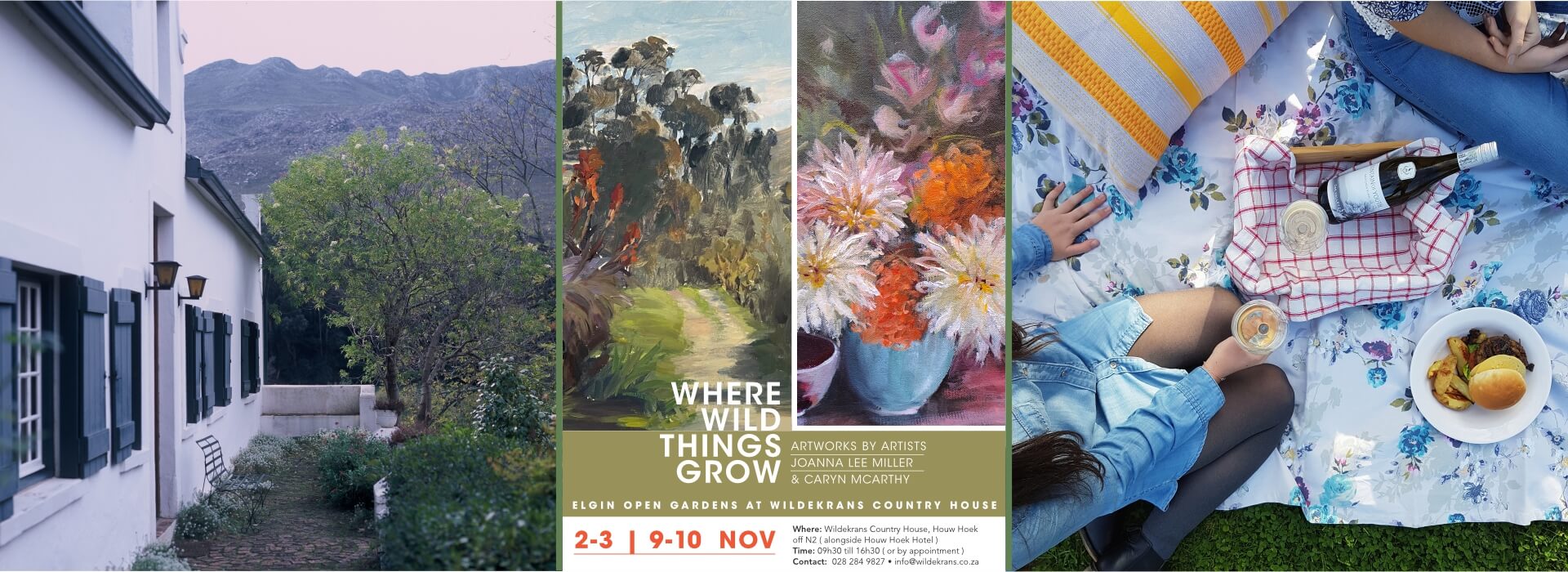 banner of 'where wild things grow' art exhibition at Wildekrans Country House for Elgin Open Gardens 2024